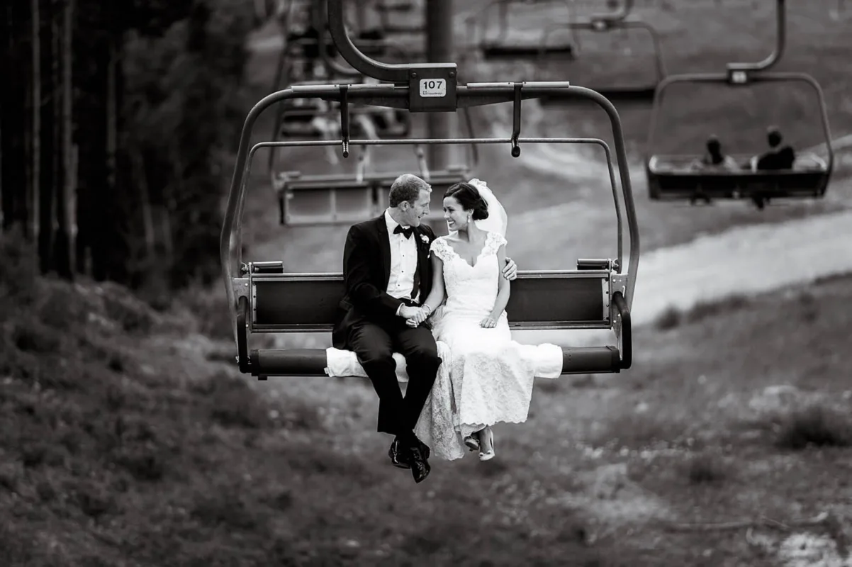 Bride & Groom with Chair Lift at Ski Resort